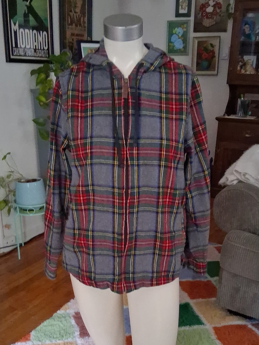 L.L. Bean Gray Plaid Hooded Bomber Jacket with Red Trim